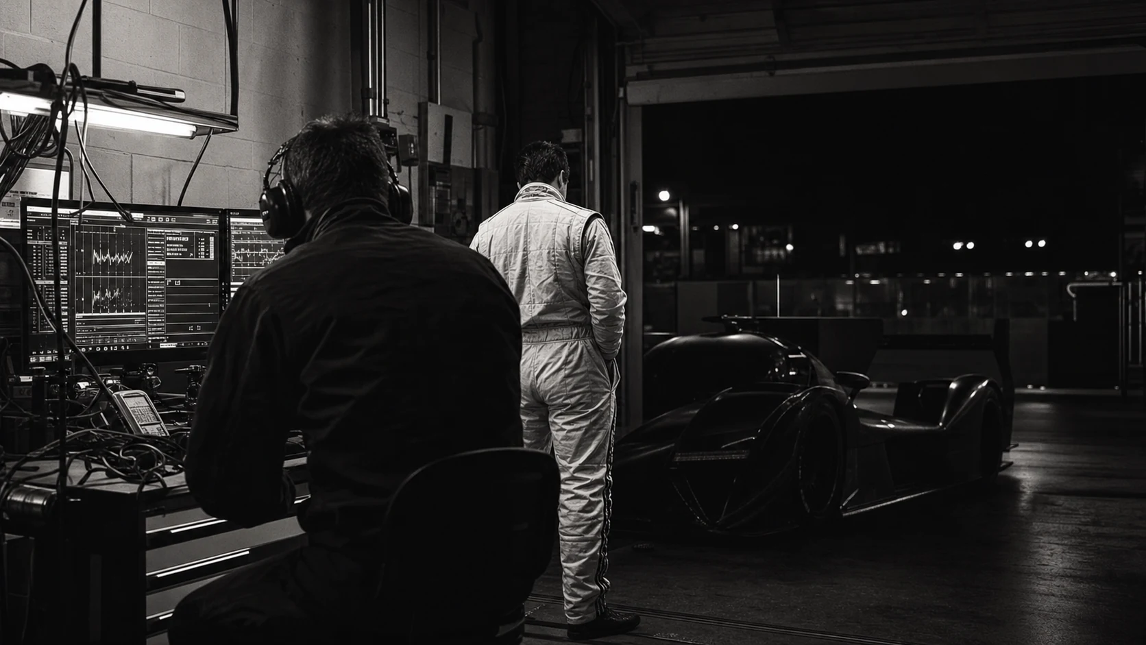 Engineers studying telemetry beside an electric endurance prototype at night